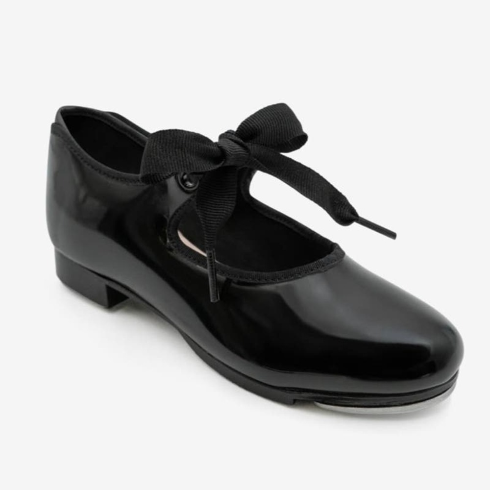 Capezio Jr. Tyette Tap Shoe Black Pate Child Size 9 Round Toe Ribbon Tie Ballet